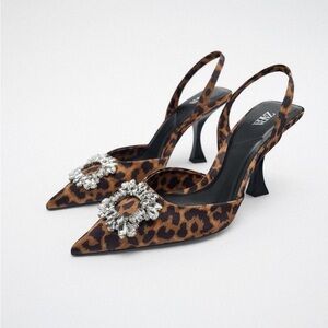 Zara Leopard Print Embellished Slingback Heels